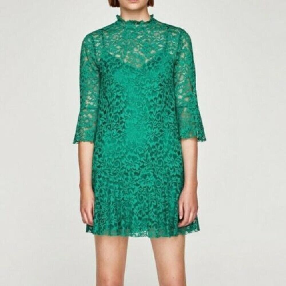 ZARA Lace Dress Sz XS Flower Patterns Green with matching slip